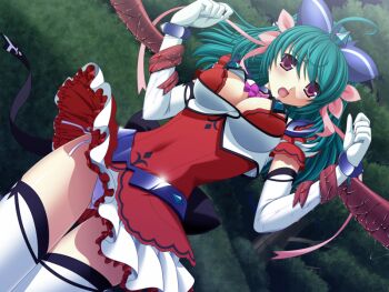 1girl 2000s_(style) :o ahoge aqua_hair ayahime_kurumi bdsm blush bondage bound bow breasts cleavage clothes_lift dress dutch_angle elbow_gloves game_asset gloves grabbed_by_tentacles green_hair hair_ribbon imminent_rape jewelry large_breasts lemmtear_theta long_hair magical_girl mahou_senshi_(series) mahou_senshi_lemmtear_knights non-web_source official_art open_mouth panties pantyshot purple_eyes restrained ribbon saitou_natsuki self-datamine side-tie_panties skirt skirt_lift solo tentacles thigh_gap thighhighs tree underwear upskirt variant_set visual_novel_cg white_gloves white_panties white_thighhighs