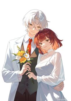 1boy 1girl artist_name black_pants bouquet breasts brown_eyes brown_hair closed_mouth collared_shirt commentary dress english_commentary flower glasses grey_vest hand_on_another&#039;s_waist highres holding holding_bouquet jacket long_sleeves medium_breasts multicolored_hair necktie open_clothes open_jacket orange_hair pants pazoinks puffy_long_sleeves puffy_sleeves red_necktie rosa_(tears_of_themis) see-through_clothes shirt short_sleeves simple_background smile tears_of_themis two-tone_hair vest vyn_richter_(tears_of_themis) white_background white_dress white_flower white_hair white_jacket white_shirt yellow_flower