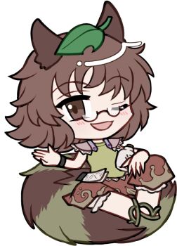 1girl :d ;d animal_ears bloomers blush brown-framed_eyewear brown_eyes brown_hair brown_sandals brown_skirt chibi chibi_only full_body futatsuiwa_mamizou glasses green_shirt hand_up leaf leaf_on_head looking_at_viewer mirei_(miirei) one_eye_closed open_mouth pince-nez raccoon_ears raccoon_girl raccoon_tail sandals semi-rimless_eyewear shirt short_hair short_sleeves simple_background sitting sitting_on_own_tail skirt smile solo tail touhou transparent_background under-rim_eyewear underwear white_bloomers