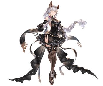 Rule 34 | animal ears, armor, braid, breasts, brown eyes, champagne glass, cleavage, cup, dress, drinking glass, elbow gloves, erune, fishnet thighhighs, fishnets, formal clothes, full body, gloves, granblue fantasy, greaves, heles, heles (irestill evening dress) (granblue fantasy), high heels, jewelry, long hair, looking at viewer, minaba hideo, official art, silver hair, single braid, skirt hold, solo, standing, thighhighs, transparent background, very long hair, white background
