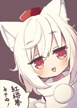 1girl :3 absurdres animal_ear_fluff animal_ears blush brown_background commentary_request deformed detached_sleeves dutch_angle half-closed_eyes hat highres inubashiri_momiji looking_at_viewer medium_hair open_mouth pom_pom_(clothes) red_eyes red_hat saisoku_no_yukkuri shirt simple_background smile solo speech_bubble swept_bangs tail tokin_hat touhou translation_request upper_body white_hair white_shirt wolf_ears wolf_girl wolf_tail