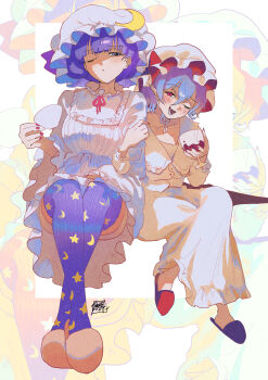 2girls absurdres alcohol alternate_hair_length alternate_hairstyle artist_name black_sandals blue_eyes blush breasts brown_sandals crescent crescent_hat_ornament crescent_print cup dress drinking_glass drunk fangs frilled_dress frilled_hat frilled_skirt frills hat hat_ornament highres holding holding_cup long_skirt looking_at_another medium_breasts mob_cap multiple_girls one_eye_closed open_mouth patchouli_knowledge pointy_ears purple_hair purple_thighhighs red_eyes remilia_scarlet sandals shirt signature sitting skirt smile sokura_(mochichitose) star_(symbol) star_print thighhighs touhou variant_set white_dress white_hat white_shirt white_skirt wine wine_glass