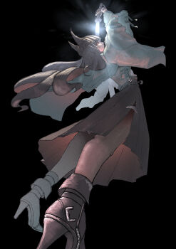 1girl animal_ear_fluff animal_ears aqua_jacket arm_up black_background black_hair black_shoes black_skirt brown_pantyhose commentary_request fox_ears fox_girl from_below high-waist_skirt highres holding holding_sword holding_weapon hoshimi_miyabi jacket katana long_hair looking_at_viewer looking_back momoken2004_(inb6k7) pantyhose red_eyes sheath shoes sideways_glance skirt solo sword unsheathing weapon zenless_zone_zero