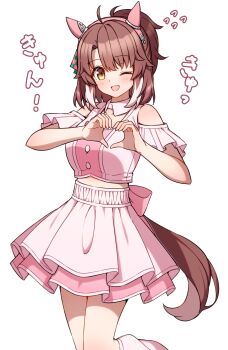 1girl ahoge animal_ears blush bow breasts brown_eyes brown_hair checkered_ribbon clothing_cutout commentary_request cropped_shirt dantsu_flame_(umamusume) ear_covers ear_ribbon hair_between_eyes hairband headband heart heart_hands highres horse_ears horse_girl horse_tail layered_skirt looking_at_viewer medium_breasts meni_shuki_rush-sshu! multicolored_hair one_eye_closed open_mouth pink_hairband pink_headband pink_shirt pink_skirt pink_socks ponytail shirt shoulder_cutout simple_background skirt smile socks solo t@ke-g tail umamusume white_hair