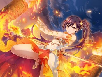 1girl dress fire game_cg gold_trim high_heels holding holding_polearm holding_weapon liu_mei_fan long_hair looking_at_viewer mole mole_under_eye official_art parted_lips polearm purple_hair red_eyes shoujo_kageki_revue_starlight shoujo_kageki_revue_starlight_-re_live- side_ponytail snake_tongue_(polearm) solo upper_body v-shaped_eyebrows very_long_hair weapon white_dress