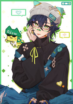 1boy absurdres ajaw_(genshin_impact) alternate_costume animal_hat bandaid bandaid_on_face bandaid_on_neck bandaid_on_nose beanie black_hair black_sweater blue_overalls border cat_hat closed_mouth colored_speech_bubble commentary earrings english_commentary facial_mark genshin_impact green_border hair_between_eyes hair_ornament hairclip hand_up hashtag-only_commentary hat heart highres jewelry kinich_(genshin_impact) looking_at_viewer male_focus mashiro_io multicolored_eyes overalls ring short_hair sitting sleeves_past_wrists solo speech_bubble spoken_heart sweater tongue tongue_out turtleneck turtleneck_sweater two-tone_eyes