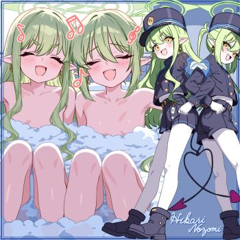 2girls armband bathing black_hat black_jacket black_shoes black_shorts black_skirt black_tail blue_archive blue_armband closed_eyes commentary_request convenient_censoring demon_girl demon_tail earrings fang green_hair green_halo halo hat highres hikari_(blue_archive) jacket jewelry loli long_hair miniskirt multiple_girls multiple_views musical_note nozomi_(blue_archive) open_mouth pantyhose pantyhose_under_shorts peaked_cap pleated_skirt pointy_ears same-sex_bathing shared_bathing shoes short_shorts shorts siblings sisters skirt soap_bubbles soap_censor tail tokinin4 twins twintails v-shaped_eyebrows white_pantyhose