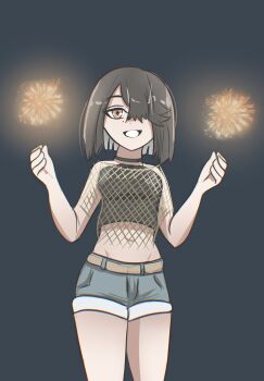 1girl belt black_hair black_tank_top brown_eyes commentary_request denim denim_shorts fate/grand_order fate_(series) fishnet_top fishnets hair_over_one_eye highres holding holding_fireworks loose_hair_strand midriff night short_hair shorts smile tank_top tasty_tonkatsu xu_fu_(fate)
