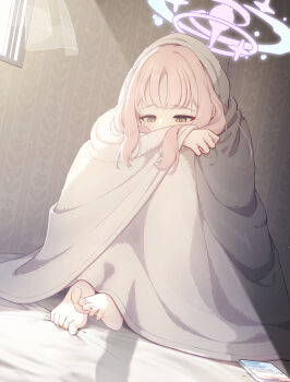 1girl absurdres barefoot blanket blue_archive cellphone covered_mouth dutch_angle feet full_body halo highres indoors matchamassa mika_(blue_archive) on_bed phone pink_hair pink_halo sitting smartphone solo wrapped_in_blanket yellow_eyes