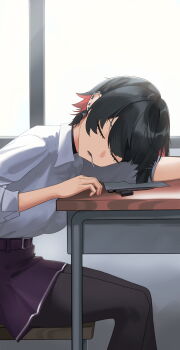 1girl absurdres arm_rest black_hair black_pantyhose blue_skirt closed_eyes colored_inner_hair commentary cowboy_shot desk earclip ellen_joe ellen_joe_(on_campus) english_commentary from_side gungssrp head_rest highres indoors lollipop_in_mouth mole mole_under_eye multicolored_hair official_alternate_costume open_mouth pantyhose paper pen pink_nails school_desk shark_girl shirt shirt_tucked_in short_hair sitting skirt sleeves_rolled_up solo white_shirt window zenless_zone_zero