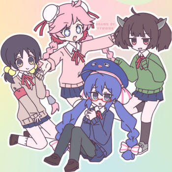 4girls :d ahoge armband black_socks blue_cardigan blue_eyes blue_skirt blush bow braid brown_cardigan brown_shoes cardigan channel_(caststation)_(style) double_bun glasses green_cardigan hair_between_eyes hair_bobbles hair_bun hair_ornament jitome kaai_yuki long_sleeves looking_at_viewer low_twintails multiple_girls open_mouth otomachi_una pink_cardigan rana_(vocaloid) red_bow school_uniform shoes short_hair short_twintails simple_background skirt smile socks touhoku_kiritan twin_braids twintails utau vocaloid voiceroid white_socks yywwwk