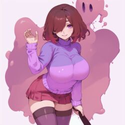 Rule 34 | ai-generated, akumu (glitchtale), bete noire, breasts, brown hair, glitchtale, pink background, pink eyes, pink hair, red skirt, short hair, skirt, smile, white background