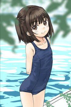 1girl arms_behind_back brown_eyes brown_hair flat_chest focke_wulf highres one-piece_swimsuit original school_swimsuit short_hair smile solo swimsuit two_side_up water
