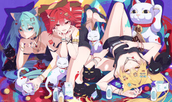 3girls absurdres akita_neru animal_ears barefoot black_shorts black_tank_top blonde_hair blue_eyes blue_hair blue_nails blush bracelet cat cat_ears cat_girl chinese_commentary closed_mouth commentary drill_hair fang hands_on_own_face hatsune_miku highres jewelry kasane_teto long_hair looking_at_viewer multiple_bracelets multiple_girls multiple_rings number_tattoo open_mouth red_eyes red_hair red_nails ring short_shorts shorts shoulder_tattoo side_ponytail skin_fang tank_top tattoo tiandingfengren triple_baka_(vocaloid) twin_drills twintails utau vocaloid yellow_eyes yellow_nails