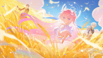 1girl 2boys absurdres blue_sky caelus_(honkai:_star_rail) commentary cyrene_(honkai:_star_rail) english_commentary highres honkai:_star_rail honkai_(series) krusier looking_at_viewer multiple_boys offering_hand outstretched_arm outstretched_hand phainon_(honkai:_star_rail) pink_hair reaching reaching_towards_viewer sky smile trailblazer_(honkai:_star_rail) upper_body