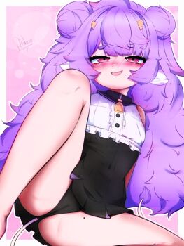 1girl animal_ears bell black_panties blush cameltoe cow_ears cow_girl cow_horns cow_tail cowbell double_bun dress hair_bun horns loli long_hair looking_at_viewer mole mole_on_thigh mole_under_mouth muu_muyu neck_bell open_mouth panties phase_connect pink_eyes purple_hair sheep_ears smile solo spread_legs tail thighs underwear virtual_youtuber