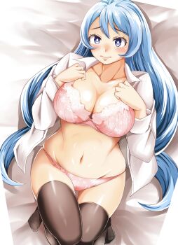 1girl artist_request black_thighhighs blue_eyes blue_hair bra breasts cleavage closed_mouth collarbone female_focus hado_nejire hair_between_eyes large_breasts long_hair matching_hair/eyes navel open_clothes panties pink_bra pink_panties solo thighhighs underwear very_long_hair wide_hips