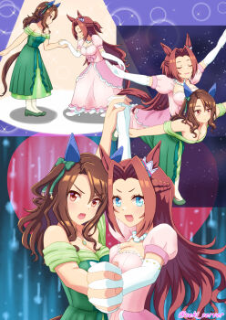 2girls animal_ears artist_name asymmetrical_bangs blue_eyes braid breasts brown_eyes brown_hair cleavage commentary_request dancing dress ear_covers elbow_gloves forehead formal_clothes g_gundam gloves gown green_dress green_shoes gundam half_up_half_down_braid hands_up happy high_heels highres holding_hands horse_ears horse_girl horse_tail interlocked_fingers jewelry kawakami_princess_(umamusume) king_gainer_over! king_halo_(umamusume) long_hair looking_at_viewer looking_to_the_side medium_hair multiple_girls multiple_views necklace overman_king_gainer pink_dress puffy_short_sleeves puffy_sleeves seki_(hyokosho) sekiha_love-love_tenkyoken shoes short_sleeves sleeveless sleeveless_dress socks tail twitter_username umamusume wavy_hair white_gloves white_shoes white_socks yuri