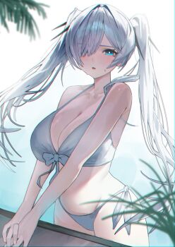 1girl 570_ml alternate_costume bikini blue_eyes breasts cinderella_(nikke) cleavage goddess_of_victory:_nikke hashtag-only_commentary highres huge_breasts long_hair looking_at_viewer midriff navel parted_lips solo swimsuit twintails very_long_hair white_bikini white_hair