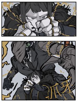 1boy 1girl absurdres baral_(project_moon) black_cape black_dress black_eyes black_hair black_jacket cape chain claw_(weapon) commentary_request dress ear_piercing grey_background highres jacket jewelry jujutsu_kaisen korean_commentary library_of_ruina mask multiple_rings parody piercing project_moon ring simple_background syringe user_vdfv8273 weapon zena_(project_moon)