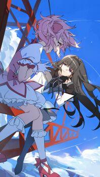 2girls absurdres adjusting_hair akemi_homura akemi_homura_(magical_girl) black_hair boots bow bowtie bubble_skirt capelet cloud cloudy_sky commentary_request construction crane_(machine) dress dress_ribbon floating_hair footwear_ribbon frilled_skirt frilled_socks frills gloves grey_skirt hair_ribbon hairband highres kaname_madoka kaname_madoka_(magical_girl) layered_sleeves long_hair looking_at_another magical_girl mahou_shoujo_madoka_magica mary_janes multiple_girls pantyhose petticoat pink_eyes pink_hair puffy_short_sleeves puffy_sleeves purple_eyes red_shoes ribbon scenery shirt shoes short_hair short_sleeves short_twintails skirt sky socks sunlight sylvia_(huajiuhuajiu) thigh_boots twintails white_dress white_shirt