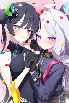 Rule 34 | 2girls, absurdres, ahoge, birthday, black gloves, black hair, blue archive, breasts, butterfly hair ornament, china dress, chinese clothes, commentary request, demon girl, demon horns, double bun, dress, gloves, hair bun, hair ornament, happy birthday, highres, hina (blue archive), horns, kisaki (blue archive), long hair, looking at viewer, multiple girls, purple eyes, rei hinasuki, small breasts, upper body, white hair