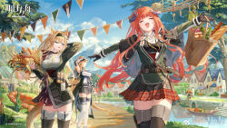 Rule 34 | 3girls, animal ears, aqua eyes, arknights, arms behind head, bagpipe (arknights), black gloves, blonde hair, blue sky, boots, bouquet, braid, closed eyes, facing viewer, floating hair, flower, gloves, hands up, highres, holding, holding bouquet, horn (arknights), jacket, long hair, long sleeves, multiple girls, official art, open clothes, open jacket, open mouth, orange hair, outdoors, parted lips, pointy ears, red skirt, saileach (arknights), skirt, sky, smile, standing, teeth, thigh boots, thighhighs, u jie, upper teeth only, white thighhighs