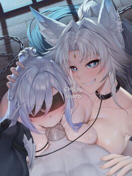 2girls absurdres animal_ears bare_shoulders black_collar blindfold blue_eyes blush breasts chain collar collarbone commentary commission earrings english_commentary feixiao_(honkai:_star_rail) fox_ears fox_girl furry furry_with_non-furry hand_on_another's_head heart heart-shaped_pupils highres holding holding_leash honkai:_star_rail honkai_(series) interspecies jewelry jingliu_(honkai:_star_rail) kawanmushi leash long_hair multiple_girls penis pink_pupils saliva sexual_coaching sweat symbol-shaped_pupils veins veiny_penis white_hair