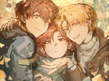 3boys alberu_crossman blonde_hair blue_eyes brown_eyes brown_hair brown_jacket cale_henituse choi_han closed_mouth commentary_request green_scarf hug jacket long_sleeves looking_at_viewer lout_of_count's_family male_focus multiple_boys open_mouth red_hair scarf short_hair smile sweater turtleneck turtleneck_sweater zhangqi61433054