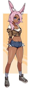 1girl absurdres animal_ear_fluff animal_ears arms_behind_back black_shoes blue_eyes blue_shorts border breasts brown_jacket cleavage closed_mouth commentary commission cropped_jacket cropped_shirt dark-skinned_female dark_skin english_commentary full_body highres jacket looking_at_viewer medium_breasts medium_hair midriff oninuer original outside_border pink_hair rabbit_ears rabbit_girl shirt shoes short_shorts shorts solo standing white_border white_shirt yellow_background