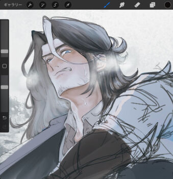 Rule 34 | 1boy, arknights, art program in frame, babu don (don 10 13), black hair, blue eyes, breath, commentary request, facial hair, from below, goatee, hair between eyes, long hair, looking at viewer, looking down, male focus, mature male, multicolored hair, procreate (software), solo, streaked hair, stubble, sweat, teeth, thick eyebrows, totter (arknights), upper body, user interface, white hair