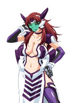 1girl akanejima_ranga armor blue_eyes breasts brown_hair center_opening choker cleavage collarbone cowboy_shot dress elbow_gloves face_shield game_cg gan-chan_(artist) gloves hand_on_own_hip headgear hitozuma_sentai_aisaiger large_breasts large_variant_set lipstick long_hair looking_at_viewer magical_girl makeup mecha_musume midriff navel non-web_source official_art one_eye_closed parted_bangs pelvic_curtain purple_gloves purple_lips purple_thighhighs red_hair saiger_orchid shiny_clothes shoulder_armor side_slit smile solo standing thighhighs transparent_background variant_set