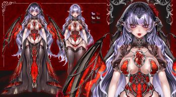 1girl bat_wings black_hands black_streaks black_thighhighs black_veil blunt_bangs breasts brown_shrug colored_extremities commentary curvy english_commentary fangs hair_sprinkles heart_(organ) heterochromia highres indie_virtual_youtuber large_breasts leotard lips lipstick long_hair looking_at_viewer makeup multicolored_hair multiple_views myuutew no_shoes panties pelvic_curtain pink_eyes pointy_ears purple_eyes purple_hair red_background red_leotard red_lips red_panties second-party_source see-through_clothes see-through_veil short_sleeves shrug_(clothing) smile sprinkle_hershy sprinkles streaked_hair thighhighs torn_wings underwear vampire veil virtual_youtuber wavy_hair wide_hips wings