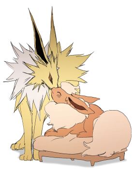 Rule 34 | 519luck, animal focus, closed eyes, closed mouth, flareon, gen 1 pokemon, highres, jolteon, lying, nintendo, no humans, nuzzle, on stomach, orange fur, pokemon, pokemon (creature), pokemon focus, simple background, smile, white background, yellow fur