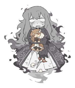 1girl brown_dress brown_eyes brown_hair button_eyes buttons catherine_(project_moon) character_doll claws commentary crying doll dress every_catherine_(project_moon) floating_hair ghost grey_dress grey_hair highres kgdjeisk limbus_company open_mouth project_moon simple_background stuffing symbol-only_commentary white_background