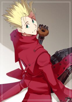 1boy absurdres blonde_hair commentary_request donut food food_on_face green_eyes grey_background highres holding holding_donut holding_food looking_at_viewer looking_back magurosamm male_focus prosthesis prosthetic_arm short_hair sitting solo spiked_hair trigun vash_the_stampede