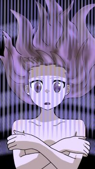 1girl armpit_crease breasts brown_eyes brown_hair collarbone completely_nude covering_breasts covering_privates crossed_arms curled_fingers digimon digimon_frontier energy eyelashes f20000 facing_viewer female_focus fingernails floating_hair henshin highres long_hair looking_at_viewer matching_hair/eyes neck nude open_mouth original out-of-frame_censoring purple_theme sidelocks small_breasts spirit_evolution surprised topless_frame upper_body wavy_hair