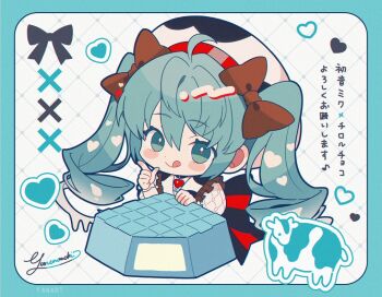 1girl :q ahoge animal_print aqua_eyes aqua_hair artist_name back_bow beret black_bow blush bow brown_bow chibi chibi_only choker commentary_request cow cow_print frills gradient_hair hair_between_eyes hair_bow hat hatsune_miku heart heart_choker looking_at_viewer multicolored_hair official_art red_bow solo tongue tongue_out twintails vocaloid white_hair white_hat yumenouchi_chiharu