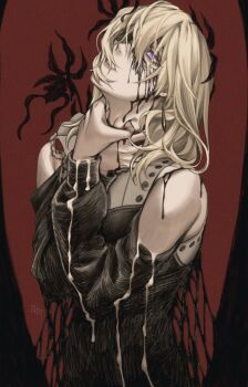 1girl 7nite absurdres bang_dream! bang_dream!_it&#039;s_mygo!!!!! black_dress blonde_hair chinese_commentary clothing_cutout commentary_request doloris_(bang_dream!) dress earrings hair_between_eyes hand_on_own_neck highres jewelry long_sleeves medium_hair misumi_uika purple_eyes shoulder_cutout solo