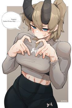 Rule 34 | 1girl, absurdres, artist name, black pants, blue eyes, blush, brown background, brown hair, brown sweater, commentary, english commentary, english text, epakim, facial scar, four-finger heart hands, heart, heart hands, highres, horns, lamia (epakim), long hair, looking at viewer, midriff, mole, mole under eye, muscular, muscular female, original, pants, ponytail, scar, scar across eye, scar on cheek, scar on face, solo, speech bubble, sweater, twitter username, two-tone background, white background