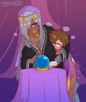 1boy 1girl age_difference black_robe breasts brown_hair crystal_ball dark-skinned_female dark_skin from_behind grey_hair heavy_breathing hetero highres interracial jewelry lady_magnolia_(trickstaboy) large_breasts neck_ring no_pants onee-shota original purple_veil robe roy_(trickstaboy) shawl shorter_male shota sweat taller_female tenkaboutheart veil white_hair