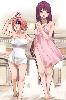 2girls breasts cleavage collarbone colorized dead_rock freyr_(dead_rock) gaston18 green_eyes large_breasts long_hair mashima_hiro mikoto_(dead_rock) multiple_girls purple_hair sideboob towel