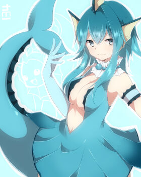1girl armband blue_eyes blue_gloves blue_hair breasts center_opening cleavage creature_and_personification female_focus fins fish gen_1_pokemon gloves head_fins highres large_breasts long_hair looking_at_viewer matching_hair/eyes mermaid monster_girl nintendo personification pokedex_number pokemon skirt smile solo vaporeon zinpati