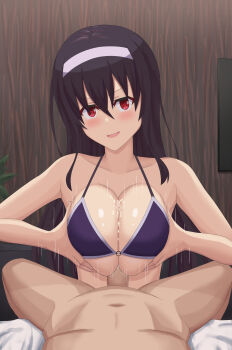 Rule 34 | 1boy, 1girl, absurdres, bikini, black hair, blush, breast press, breasts, commentary request, cum, ejaculation, hair between eyes, hairband, halterneck, hetero, highres, kasumigaoka utaha, large breasts, long hair, looking at viewer, motion lines, navel, o-ring, o-ring bikini, open mouth, paizuri, penis, pov, purple bikini, red eyes, root114514, saenai heroine no sodatekata, smile, swimsuit, white hairband
