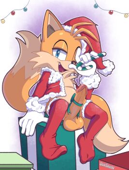 1boy absurdres artist_name blue_eyes candy candy_cane christmas christmas_lights christmas_present erection fang feet food fox_boy furry gift gloves hat highres male_focus one_eye_closed penis ribbon santa_costume santa_hat senshionart smile sonic_(series) tails_(sonic) thighhighs wink
