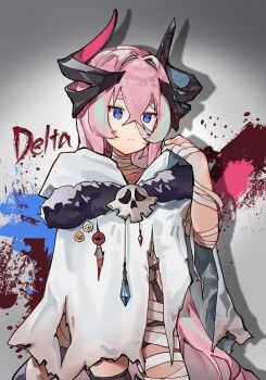 1girl absurdres bandaged_arm bandaged_hand bandaged_head bandaged_leg bandages blue_eyes blue_hair character_name cloak closed_mouth commentary_request fur-trimmed_cloak fur_trim grey_background hair_between_eyes hair_intakes hanaguruma_(hana96ma) hand_up highres honkai_(series) honkai_impact_3rd horns looking_at_viewer multicolored_hair o-ring pink_hair rozaliya_olenyeva delta_(honkai_impact) short_eyebrows solo streaked_hair thick_eyebrows white_cloak