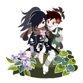 Rule 34 | 1boy, 1girl, black hair, brown hair, brown scarf, commentary request, dororo (character), dororo (tezuka), flower, full body, hair flower, hair ornament, hair over one eye, hand on another's shoulder, holding, holding flower, hyakkimaru (dororo), japanese clothes, pink flower, ponytail, prosthesis, prosthetic arm, prosthetic leg, purple flower, reverse trap, rock, scarf, sitting, smile, sword, tanba (tanba-art), weapon, white scarf