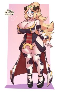 1girl absurdres animal_print black_dress black_shoes blonde_hair blue_eyes border borvar breasts cleavage commentary cow_print cow_print_sleeves cow_print_thighhighs curvy detached_sleeves dress english_commentary english_text full_body hair_ornament hand_on_own_chest high_heels highres huge_breasts long_hair looking_ahead multicolored_eyes no_panties open_mouth original outside_border parted_bangs pelvic_curtain pink_background pink_eyes print_thighhighs pun shoes smile solo speech_bubble talking thick_thighs thighhighs thighs two-tone_eyes white_border