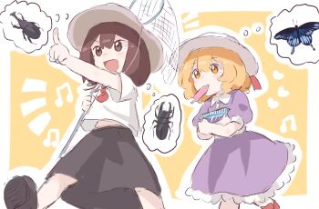 2girls aged_down beetle black_skirt blonde_hair brown_eyes brown_hair bug butterfly dress hat holding insect multiple_girls musical_note necktie net purple_dress shirt skirt t-hou touhou walking white_shirt yellow_eyes