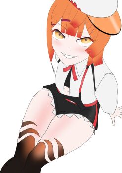 1girl beret black_shorts black_thighhighs blush collared_shirt from_above grin hair_ornament hairclip hat long_sleeves looking_at_viewer looking_up multicolored_hair navel orange_eyes orange_hair rayos shirt short_hair short_shorts shorts simple_background sitting skirt smile solo suspender_shorts suspenders thick_thighs thighhighs thighs virtual_youtuber visor_cap white_background white_shirt yellow_eyes